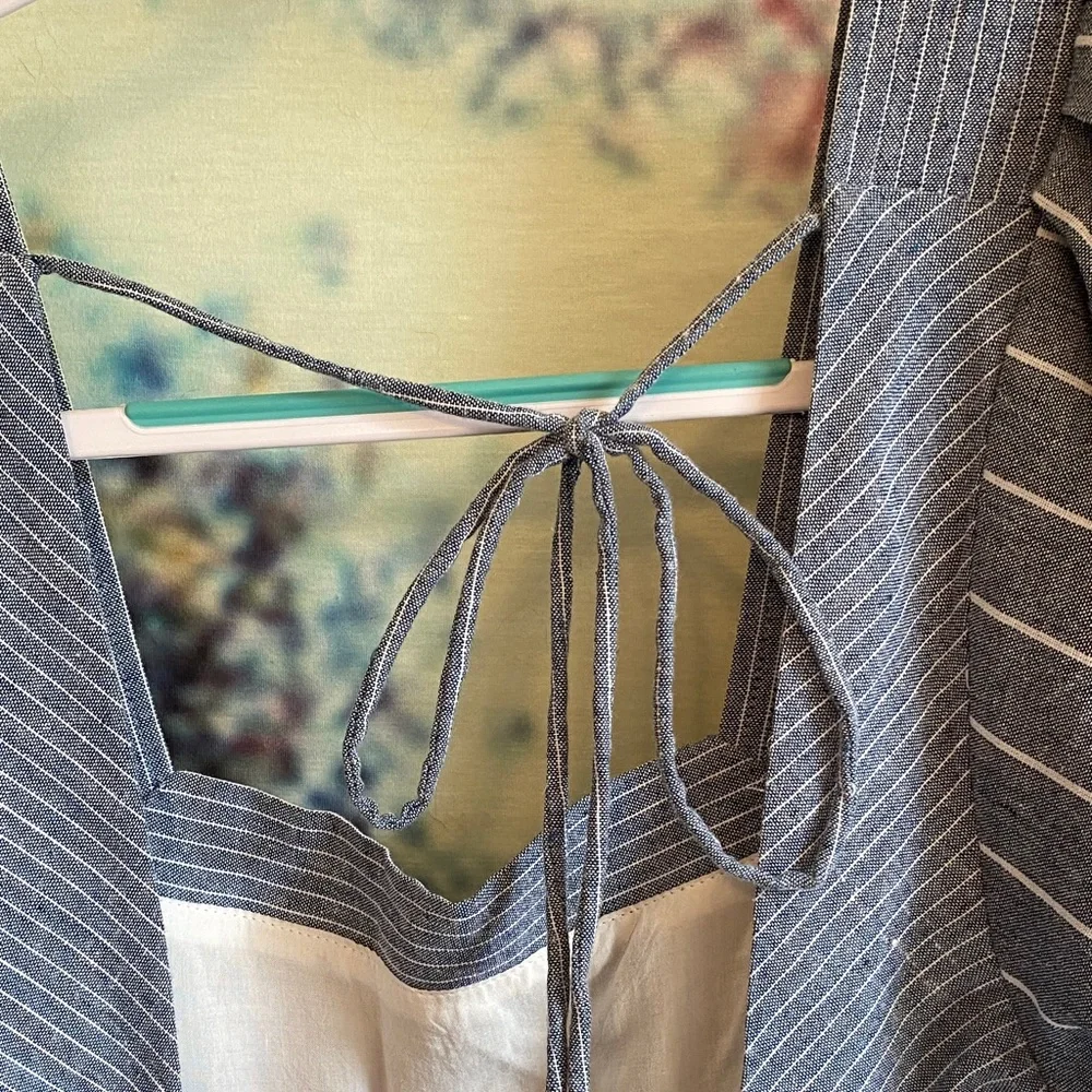 Free People blue and white Striped Mini Dress open back puff sleeves denim like - Picture 10 of 12
